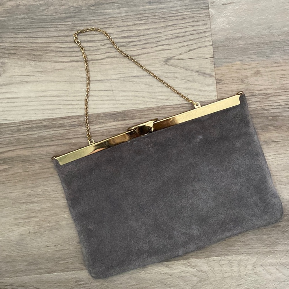 Vintage 60s gray suede clutch bag metal gold hinge